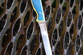 A bespoke custom fishing fillet knife in 14C28N and yellow/blue G10.